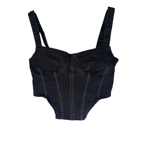 2/$30 ZARA Medium Black Denim Corset Crop With White Stitching - Picture 1 of 10